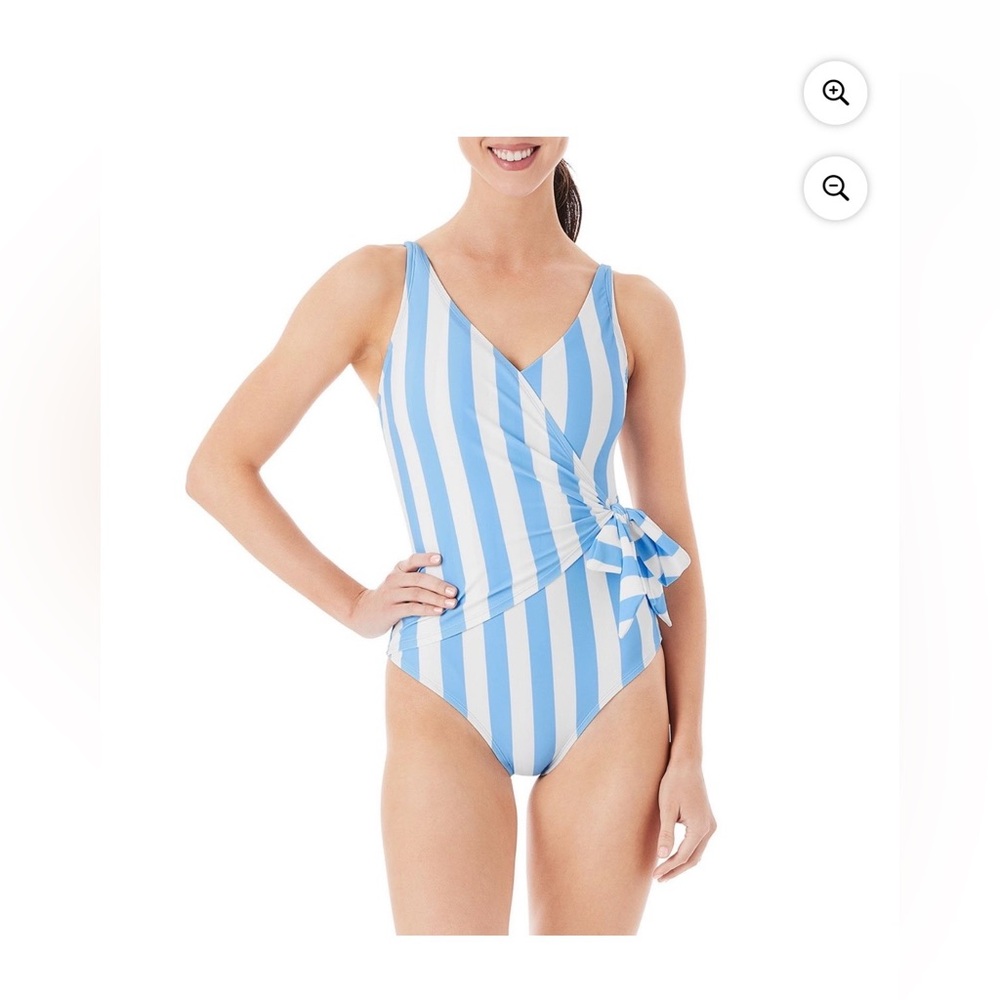 Women’s Blue & White Striped Wrap Style One-Piece Swimsuit NWT Size XXL
